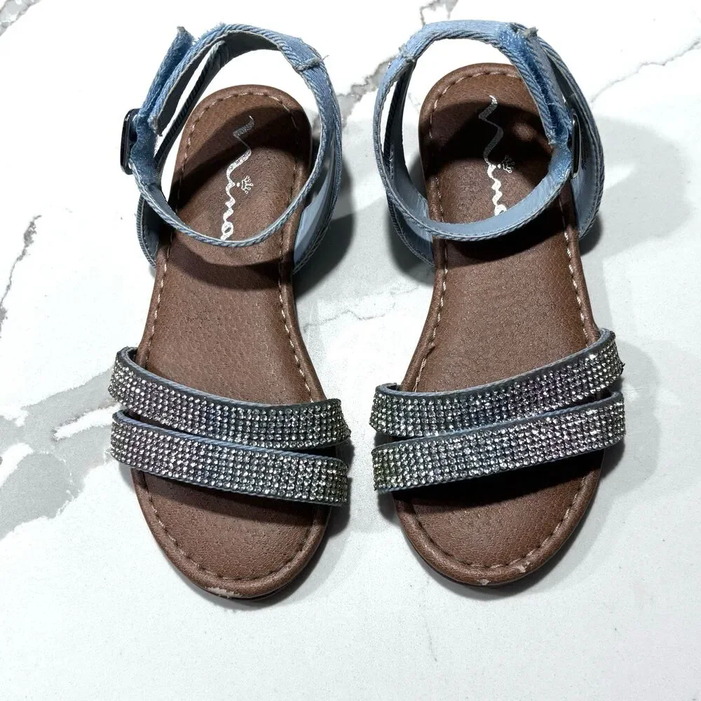 Nina Cameena Blue Denim Rhinestone Girls Strappy Sandals Size 10 Toddler Tan